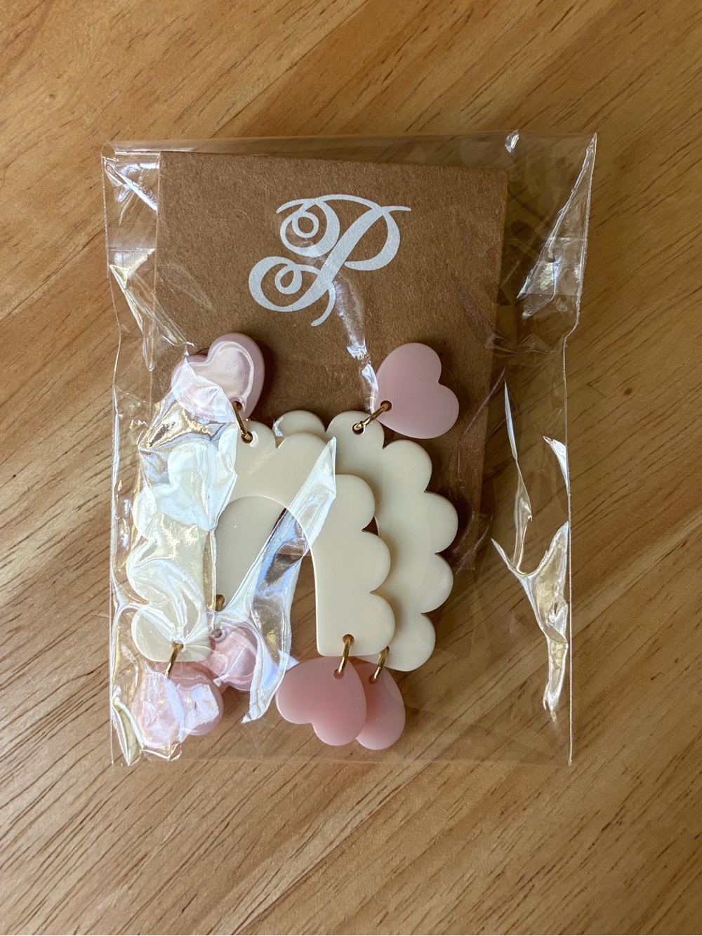 Plunder Design Cream & Pink Scalloped Heart Drop Earrings